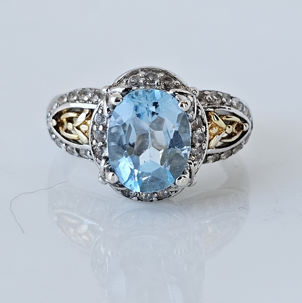 Sky Blue Topaz & Diamond Victoria Wieck Ring Sterling Silver & 18K Size 8!